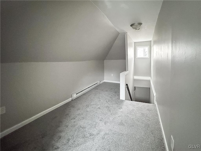 bonus room featuring carpet, lofted ceiling, and a baseboard radiator