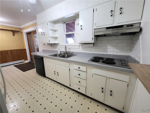 kitchen featuring baseboard heating, dishwasher, sink, and white cabinets