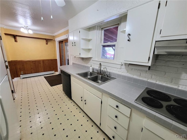 kitchen with a baseboard heating unit, sink, electric stovetop, black dishwasher, and white cabinetry