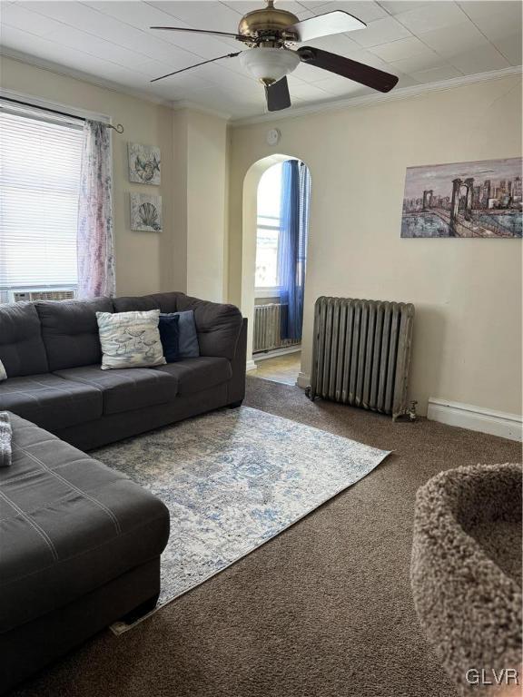 living room with carpet flooring, ceiling fan, crown molding, and radiator