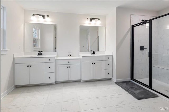 bathroom featuring vanity and walk in shower