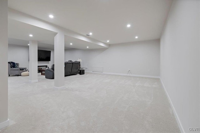 basement with light carpet