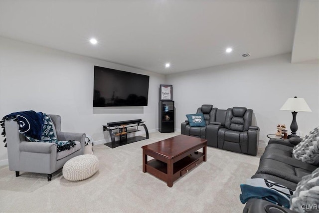 living room featuring light carpet