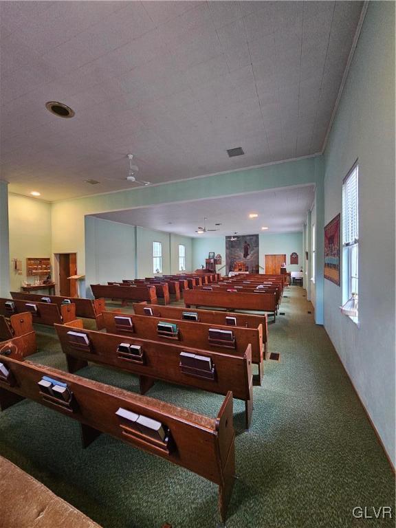 miscellaneous room with carpet flooring, ceiling fan, plenty of natural light, and ornamental molding