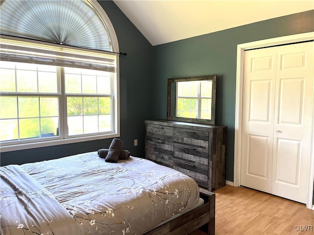 bedroom featuring light wood-type flooring, vaulted ceiling, and a closet