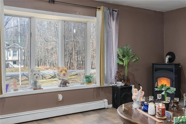 sitting room featuring a wood stove and a baseboard radiator