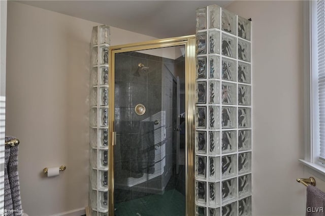 bathroom featuring a shower with shower door