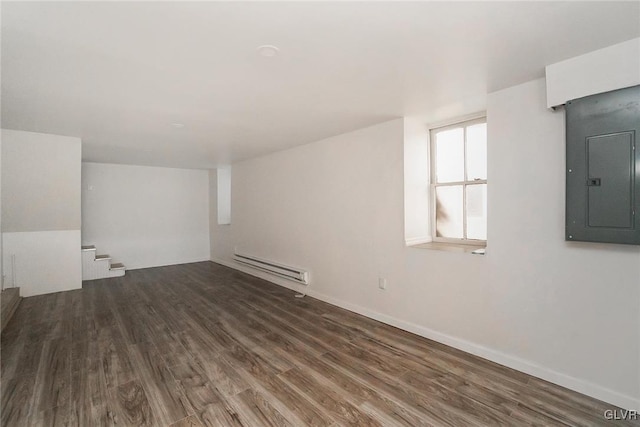 spare room with dark hardwood / wood-style flooring, electric panel, and a baseboard heating unit