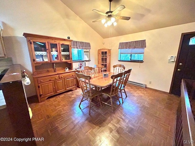 dining room with ceiling fan, dark parquet floors, high vaulted ceiling, and a baseboard radiator