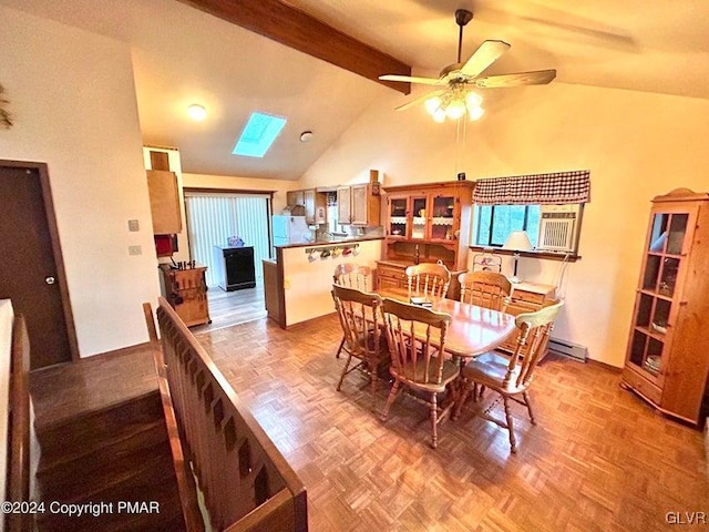 dining room featuring high vaulted ceiling, a skylight, ceiling fan, beam ceiling, and light parquet flooring