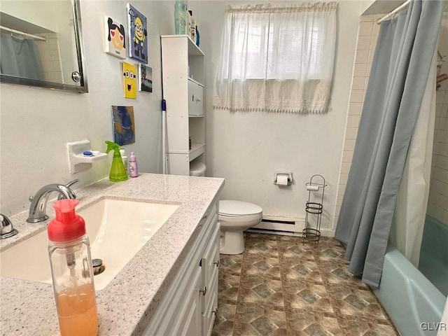 full bathroom featuring vanity, shower / bath combo, toilet, and baseboard heating