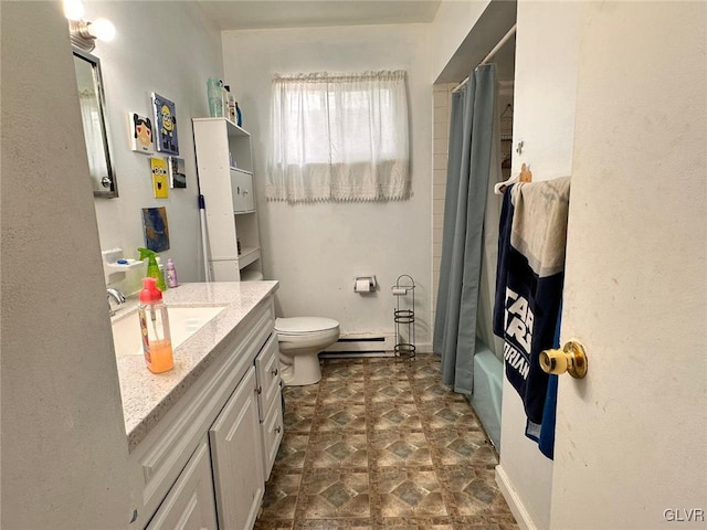 full bathroom with shower / bath combination with curtain, vanity, a baseboard radiator, and toilet