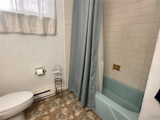 bathroom featuring toilet, shower / tub combo, and a baseboard radiator