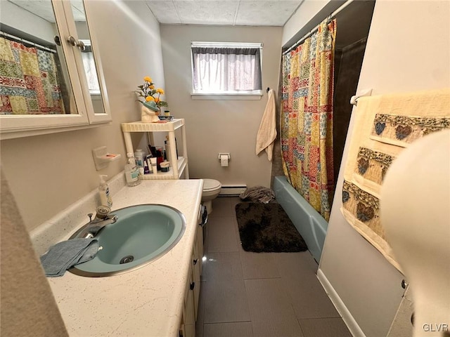 full bathroom with vanity, toilet, shower / bathtub combination with curtain, and a baseboard heating unit