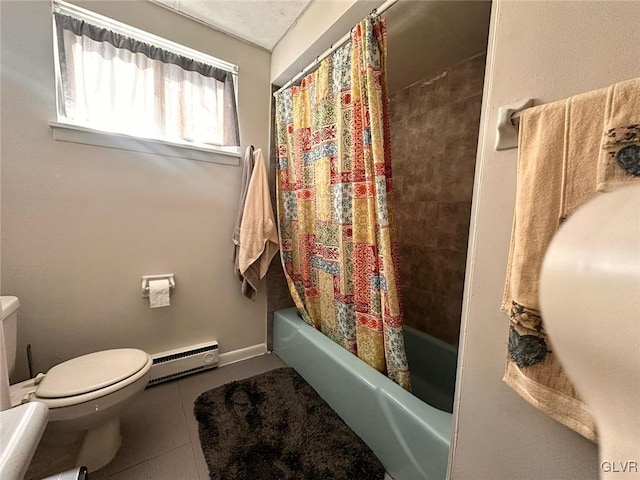 bathroom with toilet, a baseboard radiator, tile patterned floors, and shower / bathtub combination with curtain