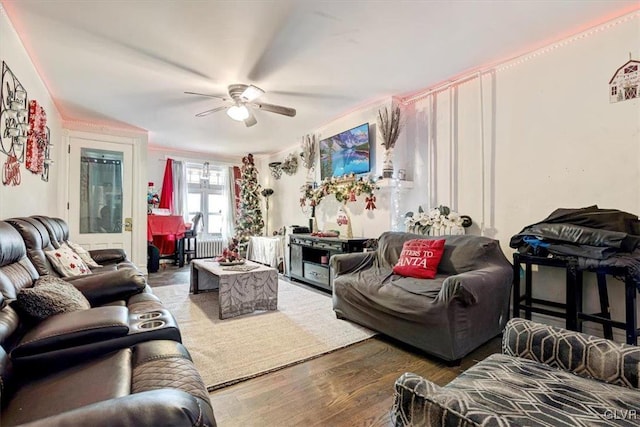 living room with dark hardwood / wood-style floors and ceiling fan