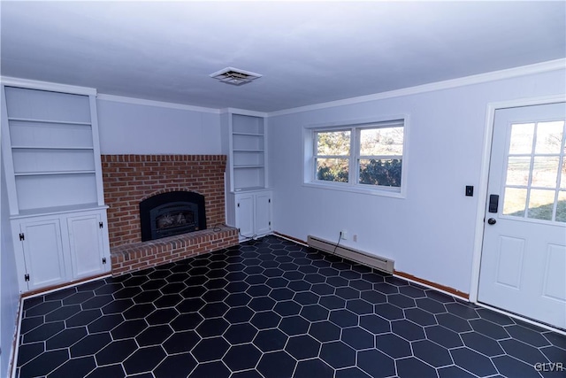 unfurnished living room with crown molding, built in features, a fireplace, and a baseboard radiator