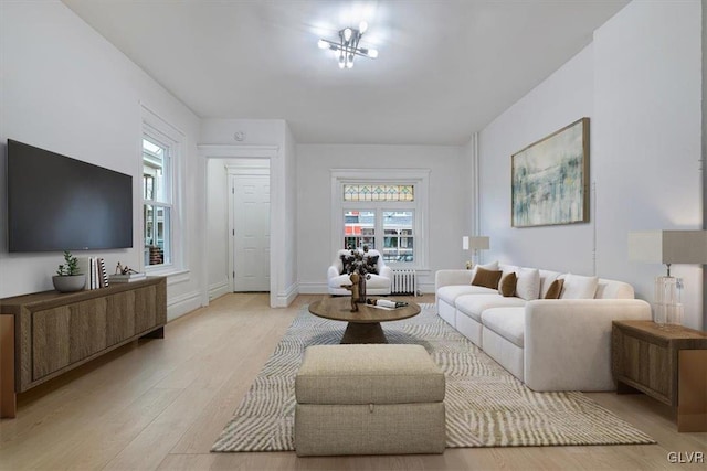 living room with plenty of natural light, radiator, a chandelier, and light hardwood / wood-style flooring