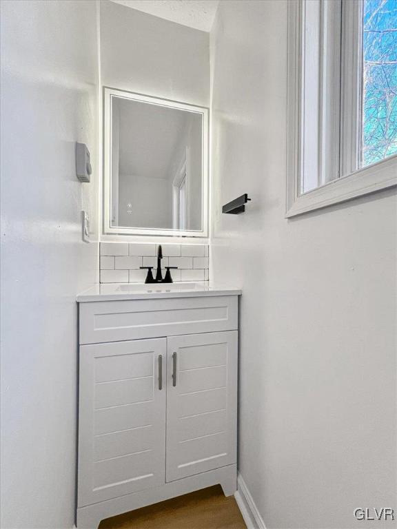 bathroom with vanity and wood-type flooring