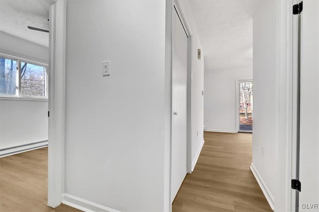 hall with light hardwood / wood-style floors, a textured ceiling, and a wealth of natural light