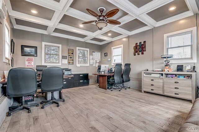 office with ornamental molding, coffered ceiling, ceiling fan, beam ceiling, and light hardwood / wood-style floors