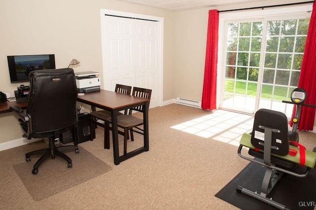 home office with carpet and a baseboard radiator