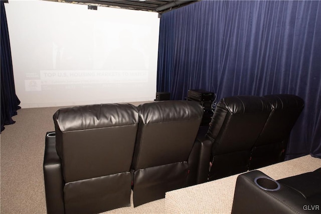 home theater featuring carpet