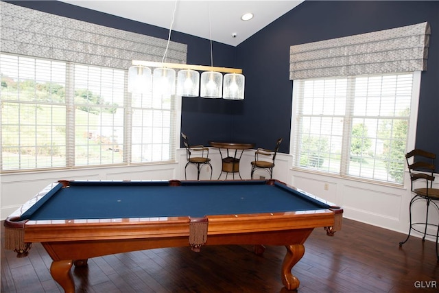 playroom with dark hardwood / wood-style floors, lofted ceiling, and billiards