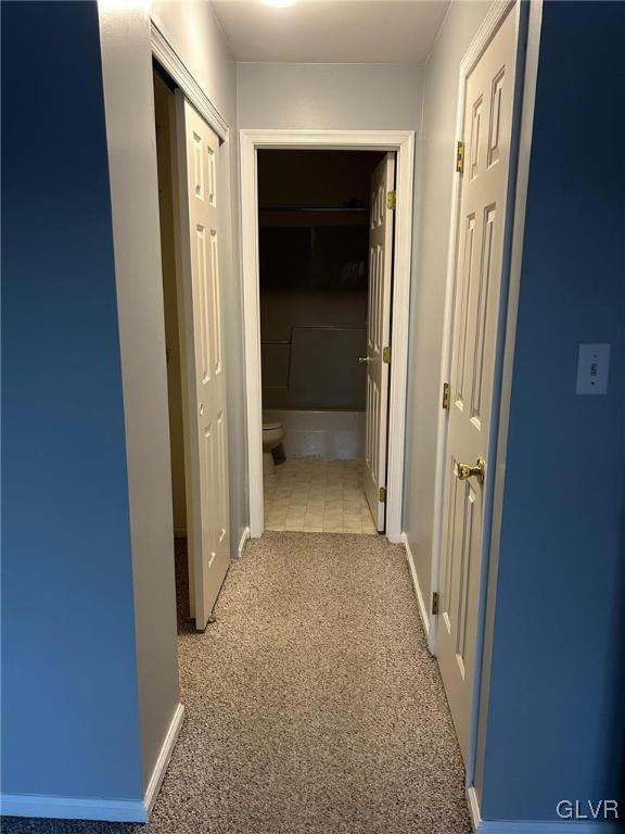 hallway with light colored carpet