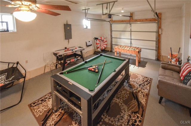 game room featuring ceiling fan, electric panel, plenty of natural light, and billiards