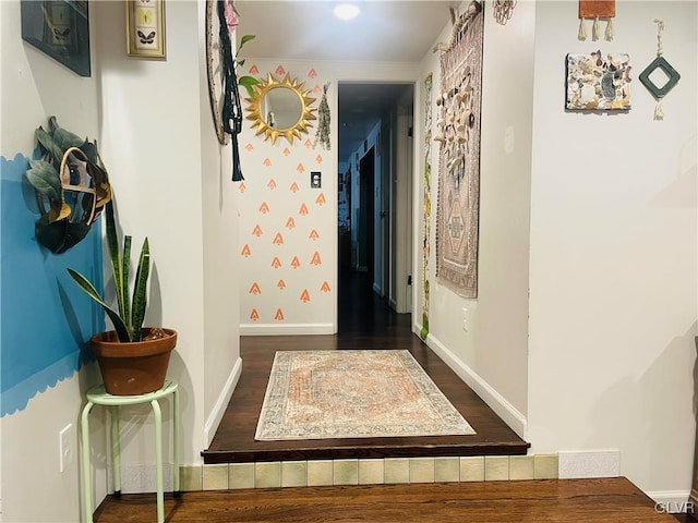 hallway featuring dark hardwood / wood-style flooring and crown molding