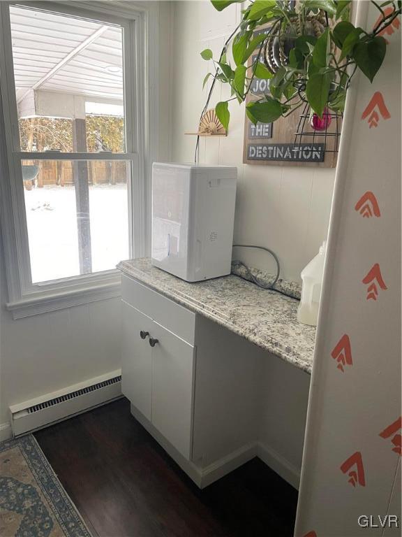 interior space featuring plenty of natural light, dark wood-type flooring, and a baseboard radiator