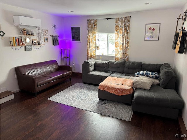 living room with dark hardwood / wood-style flooring and a wall mounted AC