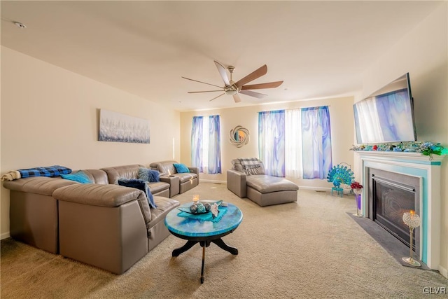 living room featuring ceiling fan and light colored carpet