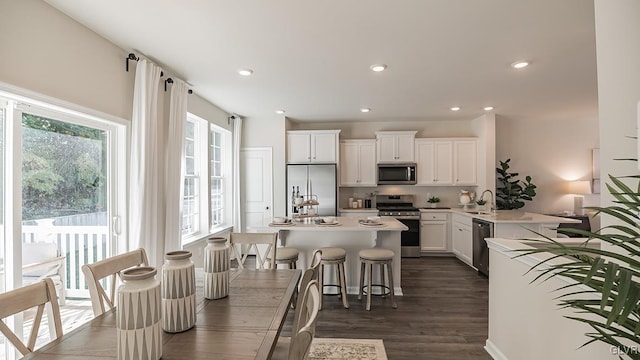 kitchen with appliances with stainless steel finishes, dark hardwood / wood-style flooring, a kitchen bar, white cabinets, and sink