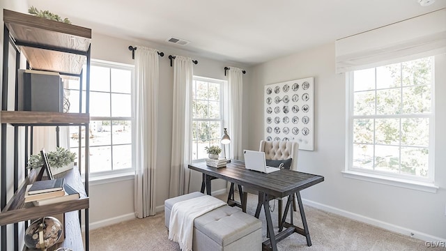 view of carpeted home office