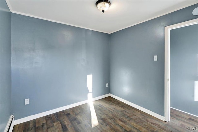 unfurnished room with dark hardwood / wood-style floors, ornamental molding, and baseboard heating