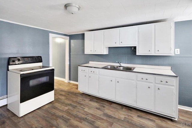 kitchen with white cabinetry, sink, dark wood-type flooring, and white electric range