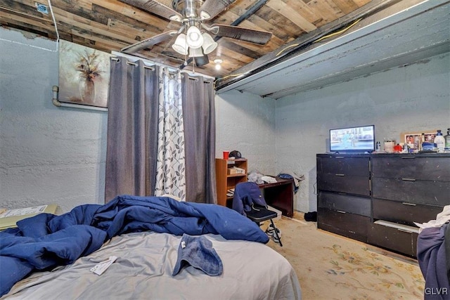 bedroom featuring ceiling fan and wood ceiling