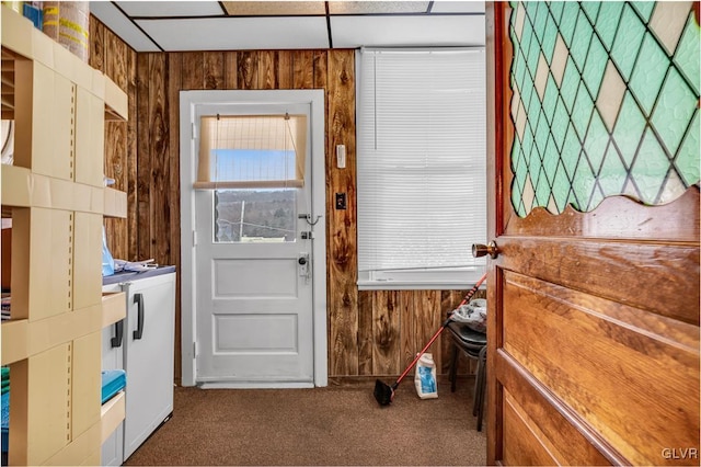 doorway featuring carpet floors and wood walls