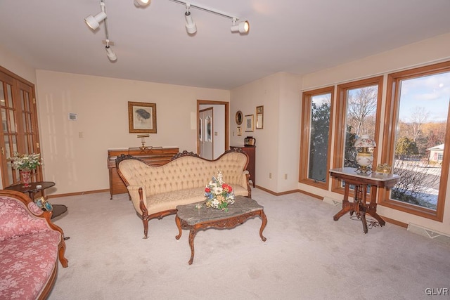 carpeted living room with track lighting