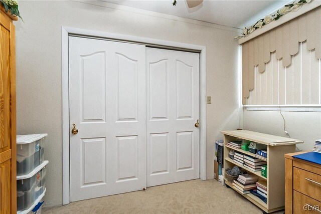 misc room with light carpet and ornamental molding