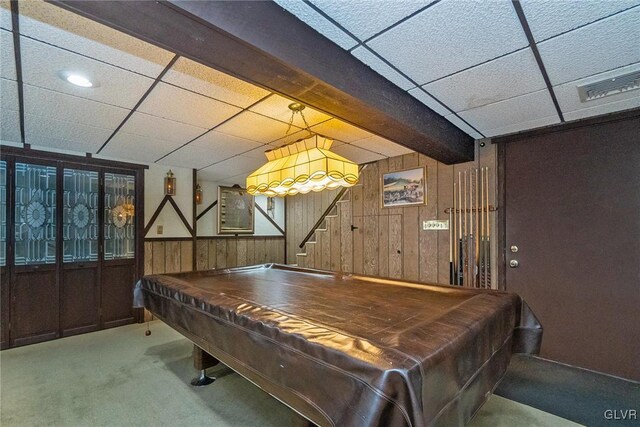 playroom featuring wooden walls, carpet flooring, a paneled ceiling, and pool table