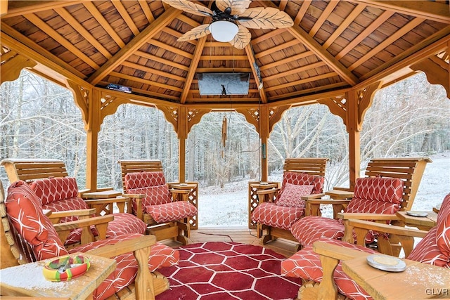 view of patio / terrace with a ceiling fan and a gazebo