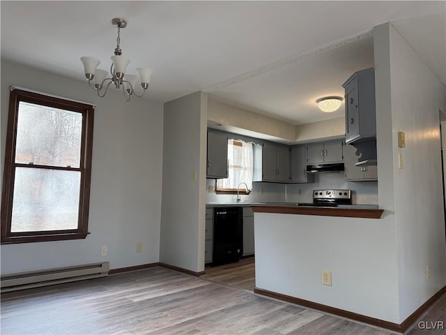 kitchen with a baseboard heating unit, hanging light fixtures, black dishwasher, electric range oven, and kitchen peninsula