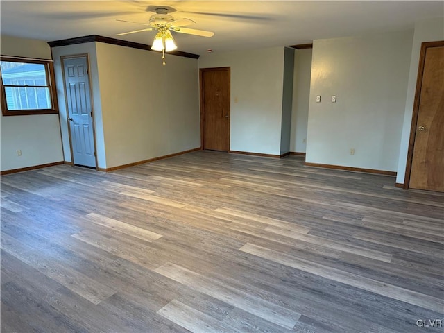 spare room with hardwood / wood-style flooring, ceiling fan, and ornamental molding