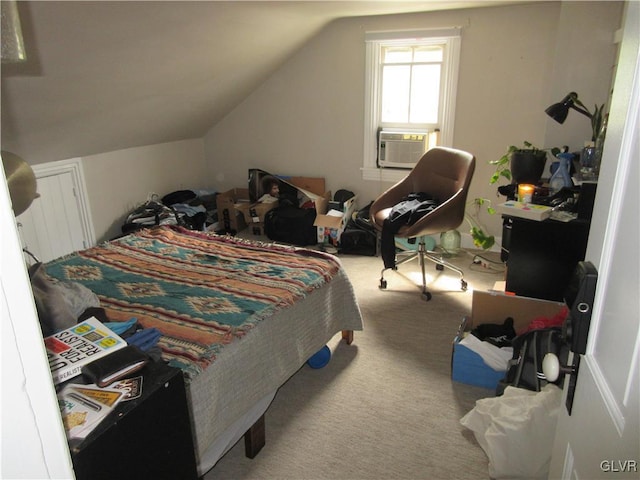 bedroom with carpet flooring, cooling unit, and lofted ceiling