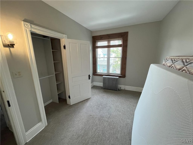 unfurnished bedroom featuring carpet, radiator heating unit, and a closet