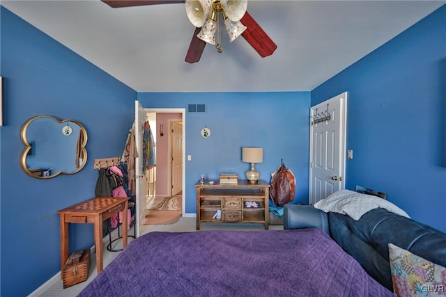 bedroom featuring carpet flooring and ceiling fan