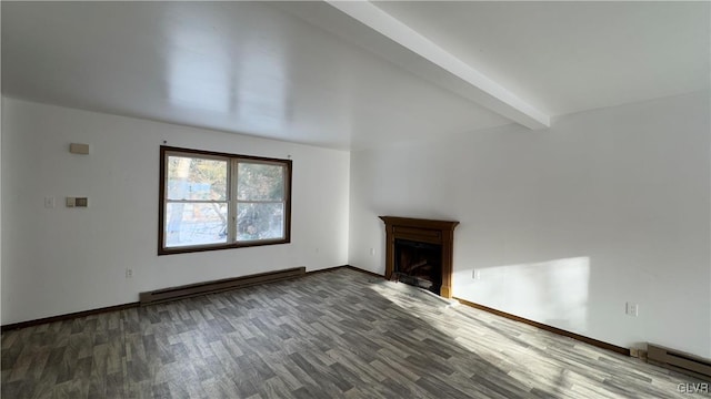 9860 Deerwood Dr, Coolbaugh Twp, PA 18466 - unfurnished living room with a baseboard radiator, wood finished floors, beam ceiling, and a fireplace